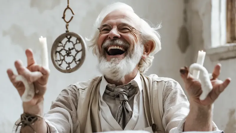 Ein lachender Narr der sich über seine Sicht freut